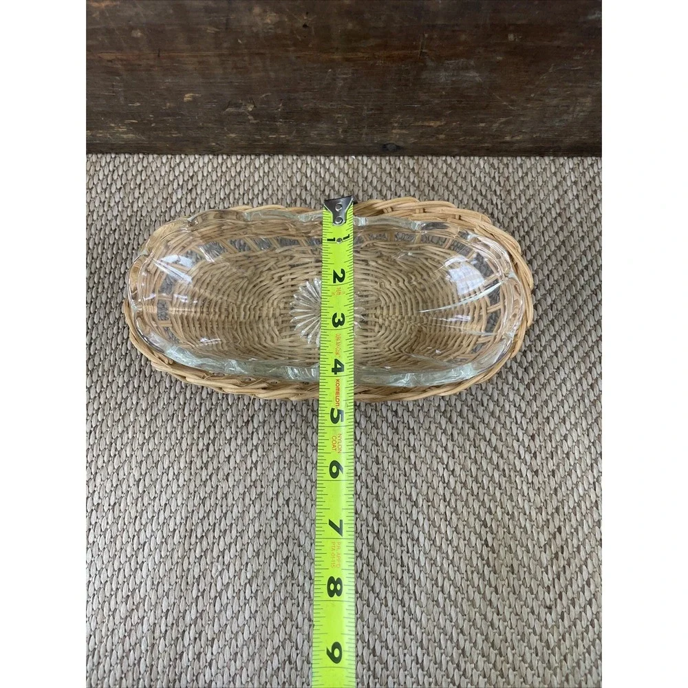 Vtg Cottage Corn Butter Trinket Dish Impressed Glass With Wicker Base